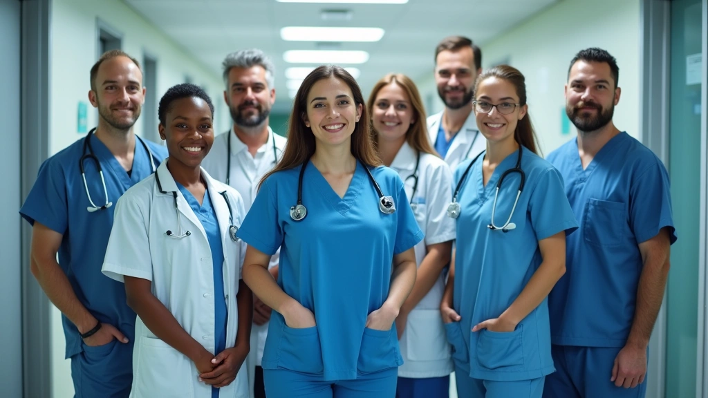 Diverse group of healthcare professionals including doctors, nurses, and administrative staff standing together in modern hos