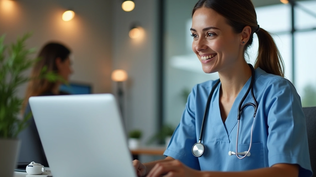 Professional female healthcare provider conducting video consultation on laptop with patient, modern clinical office background, warm lighting, friendly expression, no text visible