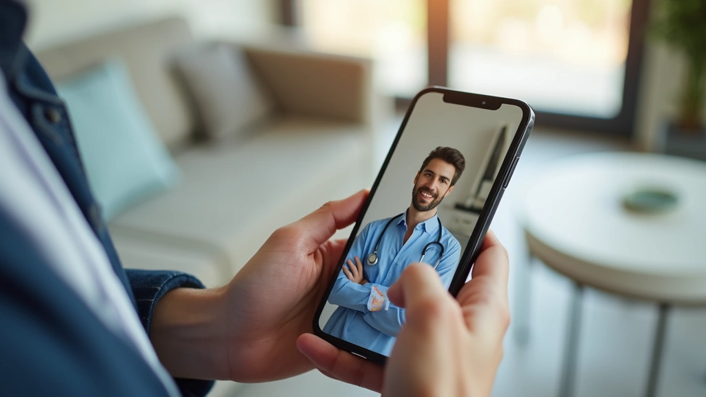 Close-up of patient hands holding smartphone showing telehealth video call interface with doctor visible on screen, comfortab