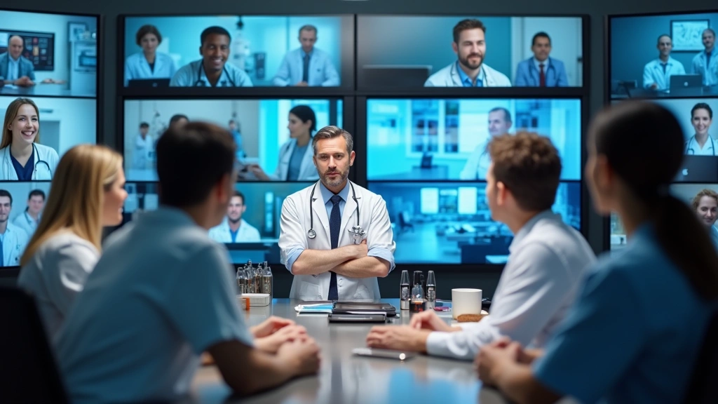 Diverse group of healthcare professionals in telehealth meeting room with multiple monitors displaying patient data, collabor