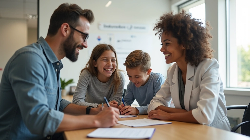 Diverse family of four at medical office reception desk completing enrollment paperwork, welcoming clinic environment, natura