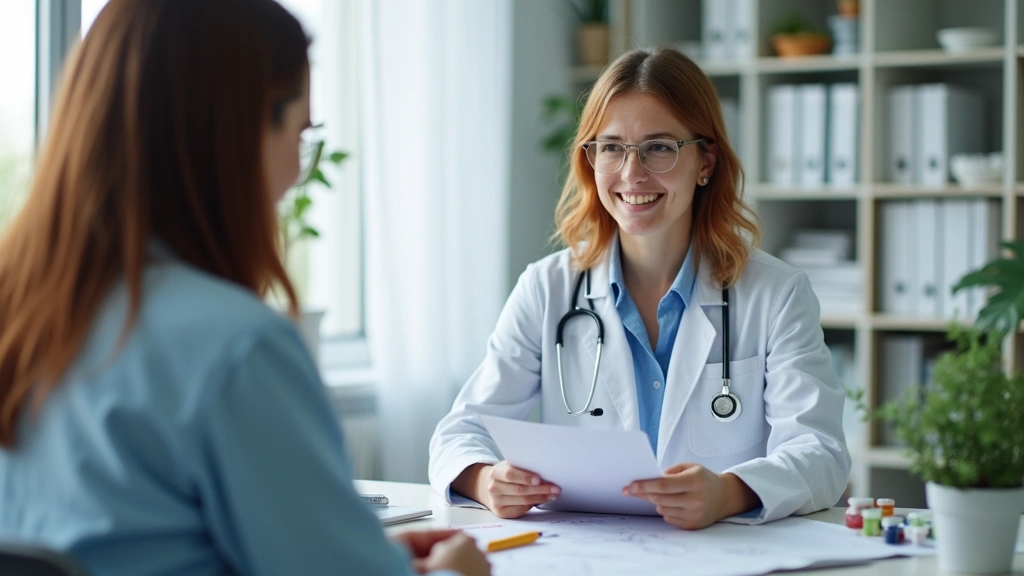 Female doctor in consultation room with patient, reviewing prescription medications and treatment plan, professional medical