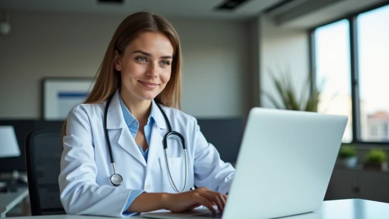 Professional woman doctor on video call consultation on laptop computer in modern medical office, wearing white coat and stethoscope