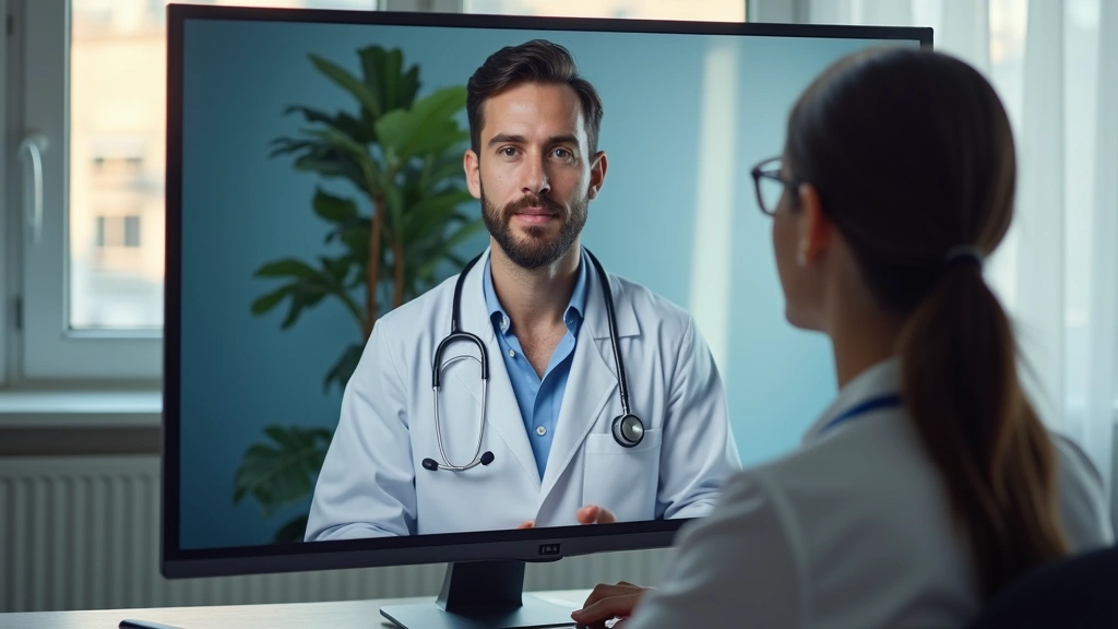 Healthcare provider on telemedicine video screen showing mental health counseling session from clinic office