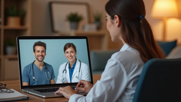 Professional woman having video call with doctor on laptop in home office, warm lighting, medical consultation screen visible