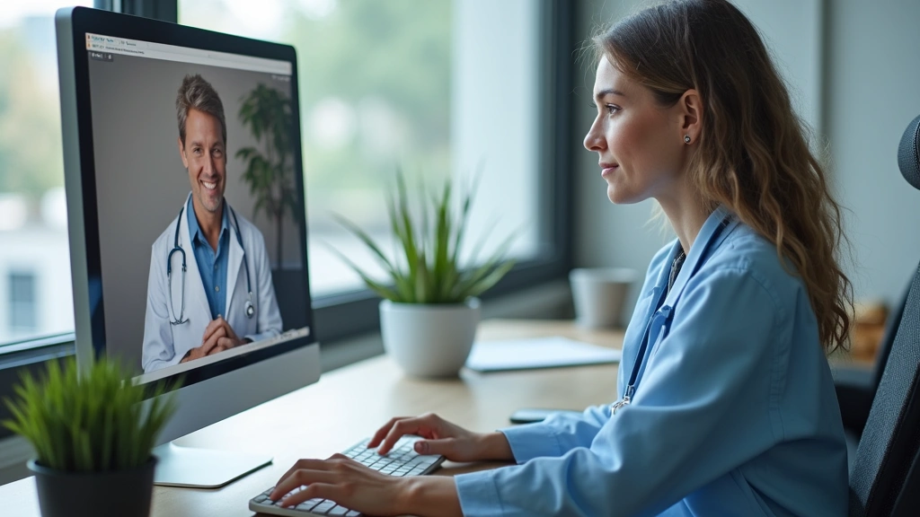 Healthcare provider in clinic office conducting telehealth visit on computer with patient visible on screen, modern medical s