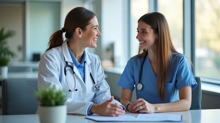 Professional healthcare recruiter conducting interview with nursing candidate in modern hospital office, natural lighting, both smiling, modern furniture and healthcare credentials visible