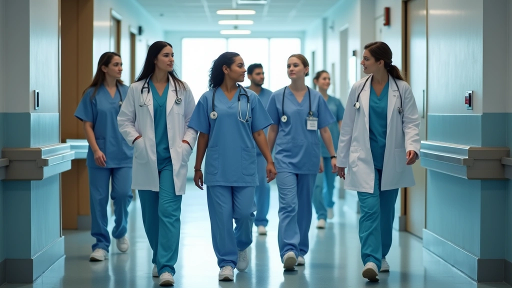 Diverse medical team of nurses, doctors, and technicians in hospital corridor wearing scrubs and white coats, walking togethe