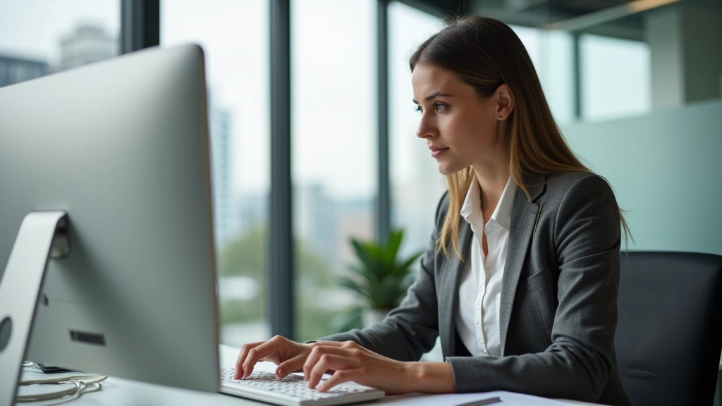 Young professional woman at computer desk reviewing job listings and resume in bright modern office space, focused expression