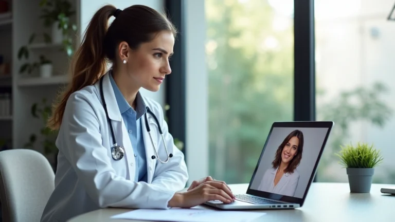 Professional female allergist conducting video consultation on laptop, patient visible on screen, modern home office background, healthcare setting