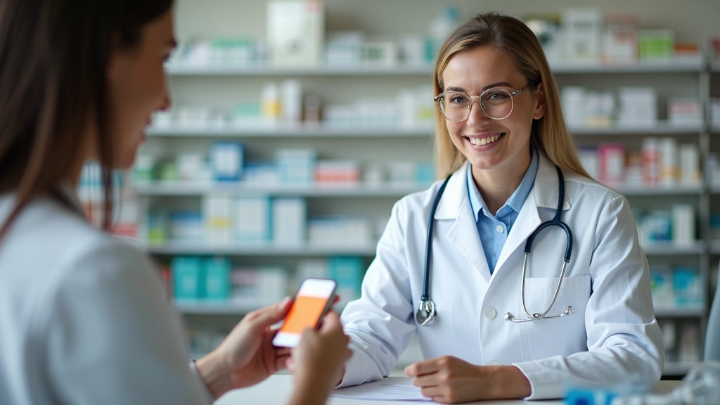 Patient receiving prescription medication from pharmacist after telehealth allergy consultation, modern pharmacy setting