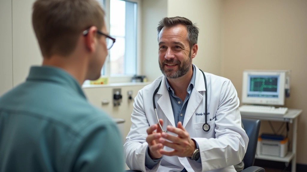 Primary care physician examining patient in clinical exam room, medical equipment visible, warm professional healthcare envir