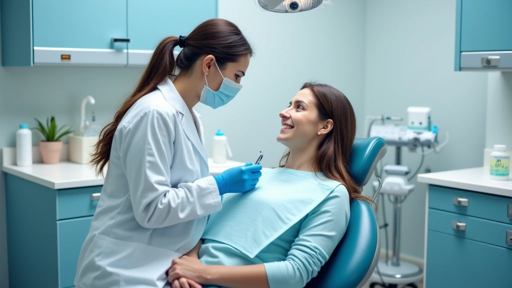 Dental treatment room with dentist and patient, modern dental equipment, bright clinical setting, professional dental care in