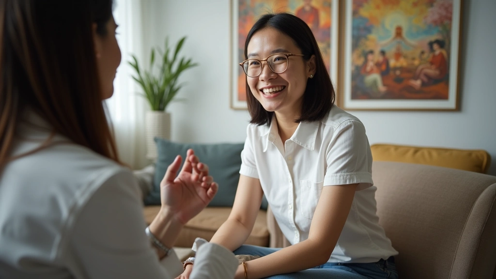 Professional Asian American woman in therapy session with culturally competent therapist, warm clinical setting with diverse