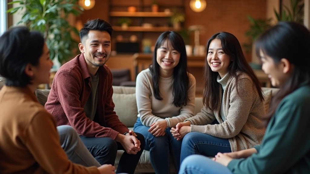 Diverse group of Asian Americans in supportive peer group circle, sitting together in comfortable community space with warm l