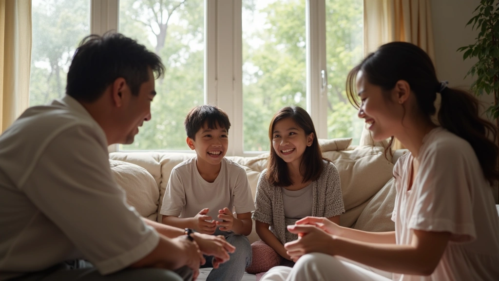Asian American family having open conversation in home setting, multiple generations present, showing emotional connection an
