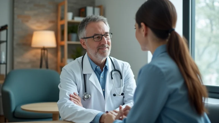 Professional healthcare provider in modern clinic setting with patient during consultation, warm lighting, welcoming medical office environment