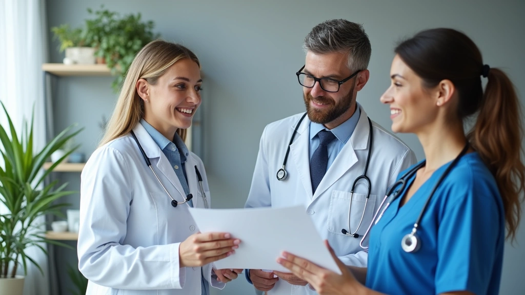 Diverse medical team in professional healthcare setting, doctor and nurse practitioner reviewing patient records, collaborati