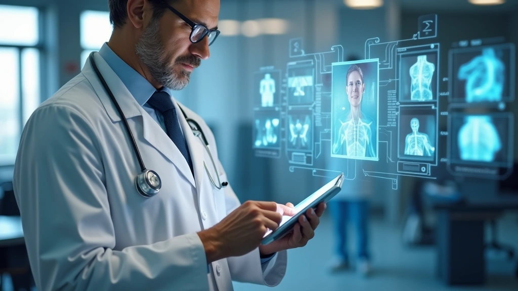Healthcare provider reviewing patient photos and medical documents on secure digital platform in modern office setting, professional medical environment