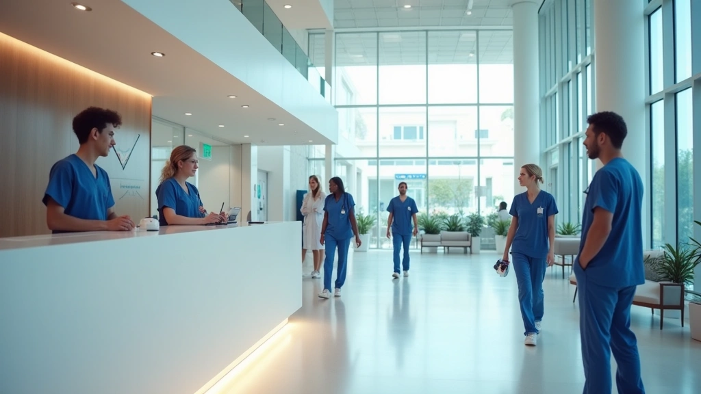 Modern hospital lobby with welcoming reception desk, natural lighting, diverse healthcare staff in scrubs and professional attire, clean contemporary architecture