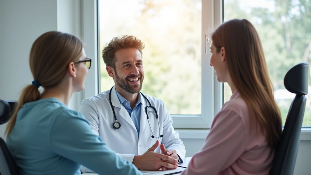 Doctor consulting with patient in bright clinical examination room, professional medical setting, computer workstation visibl
