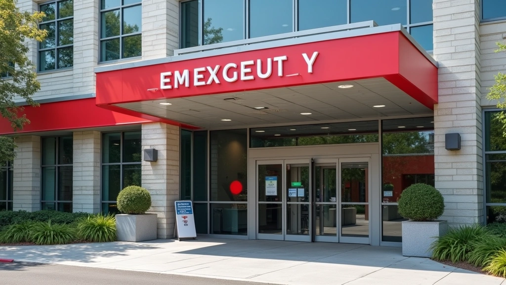 Emergency department entrance of modern hospital, clear signage, professional medical environment, daytime exterior view