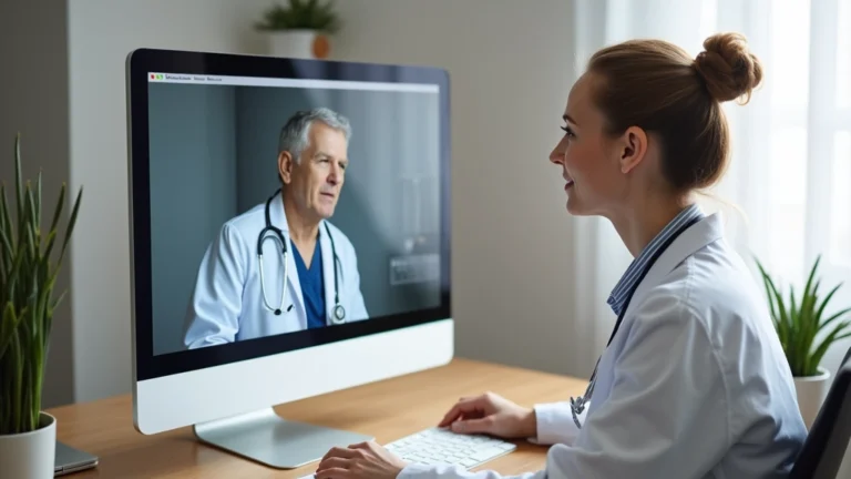 Professional female doctor in white coat conducting video consultation on computer with patient visible on screen in home setting