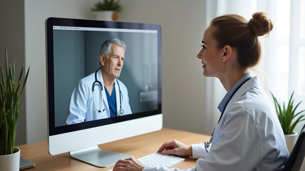 Professional female doctor in white coat conducting video consultation on computer with patient visible on screen in home setting