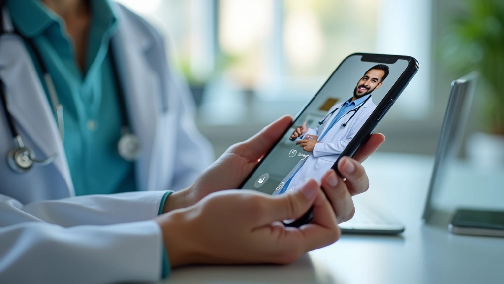 Close-up of patient hands holding smartphone with secure video call interface displaying healthcare provider in medical offic
