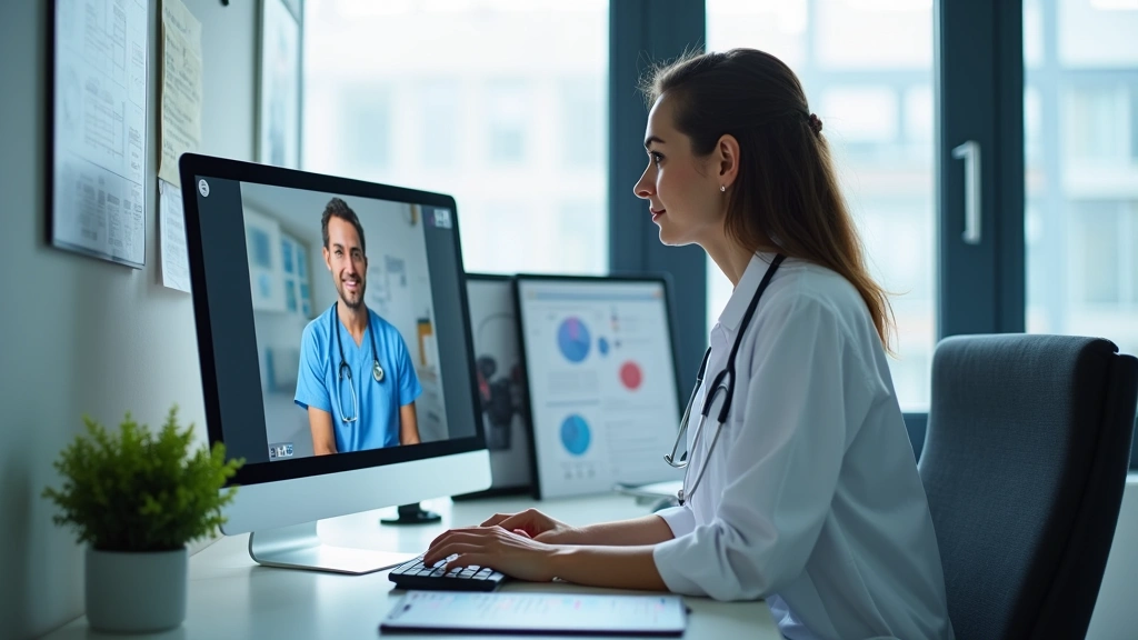 Healthcare provider at desk reviewing patient medical records on computer monitor with telehealth video window open in modern