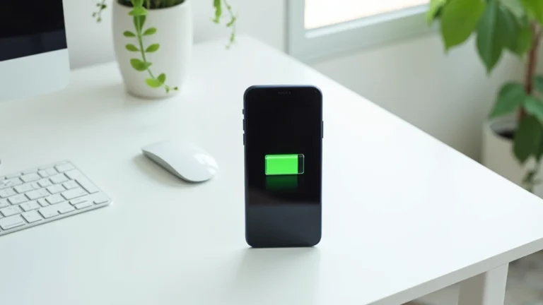 Professional iPhone displaying battery health settings screen on bright white desk with minimalist design, clean modern workspace with soft natural lighting