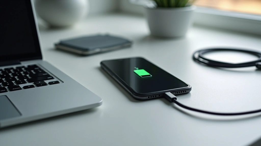 Smartphone battery indicator and charging cable on contemporary desk surface, realistic tech environment with neutral backgro