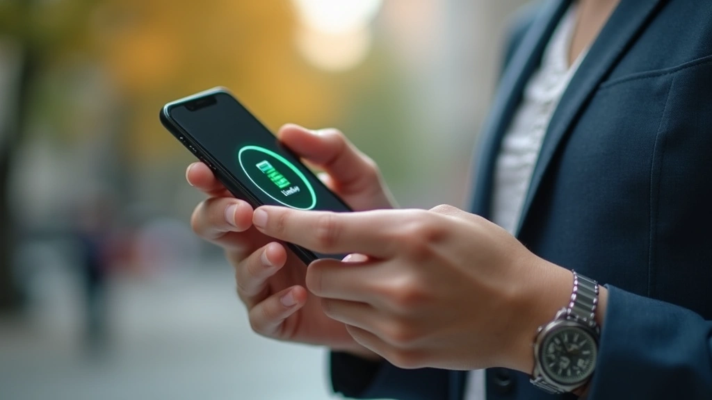 Person checking battery health app notification on iPhone screen in natural daylight, casual professional setting, realistic