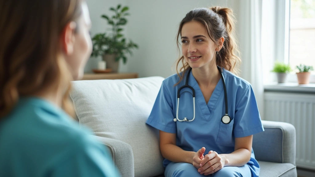 Professional behavioral health technician in clinical setting assisting patient during therapy session, calm supportive envir