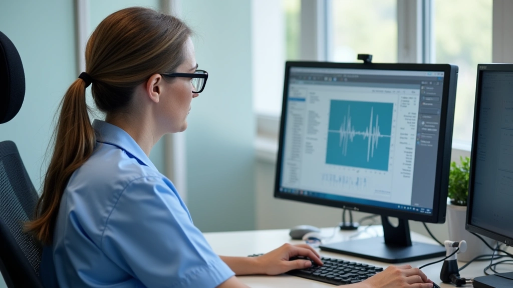 Certified behavioral health technician monitoring patient vital signs at desk with medical equipment, documentation work, pro
