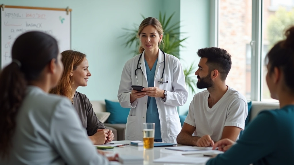 Behavioral health technician leading group therapy or support session with diverse patients in comfortable clinical room, the