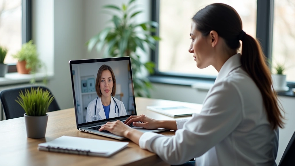 Professional woman in modern home office video calling with healthcare provider on laptop screen, bright natural lighting, co