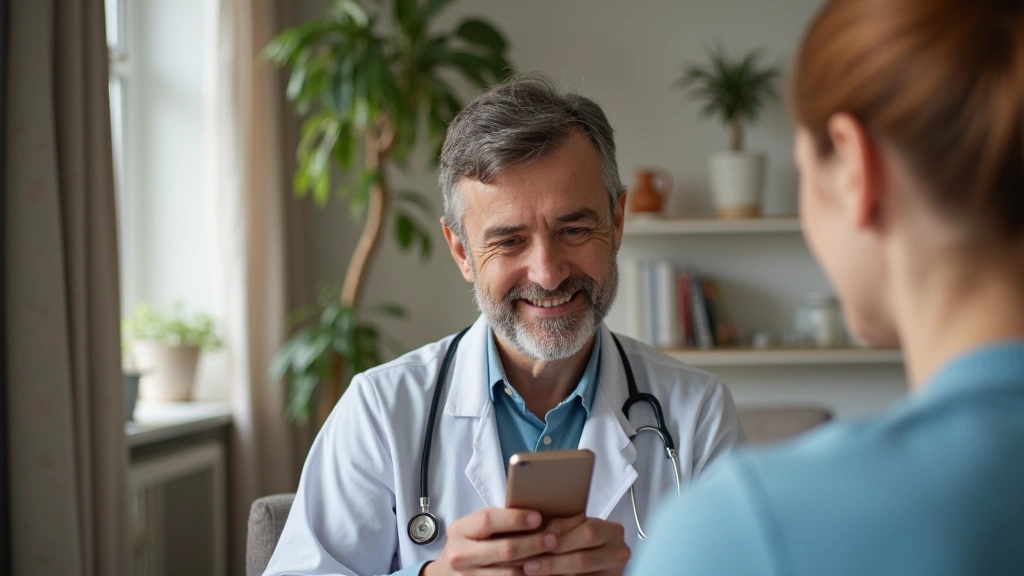 Diverse patient using smartphone to schedule medical appointment on Belle Health app interface, home setting, relaxed and con