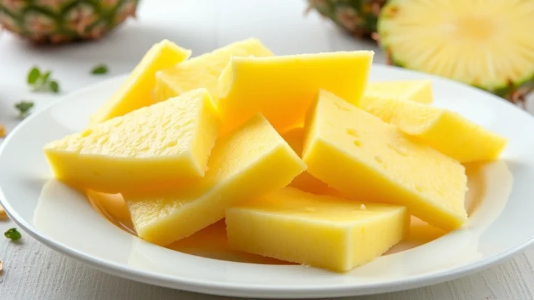 Fresh pineapple slices arranged on white plate in bright natural sunlight, tropical fruit photography, professional food styling, clean background