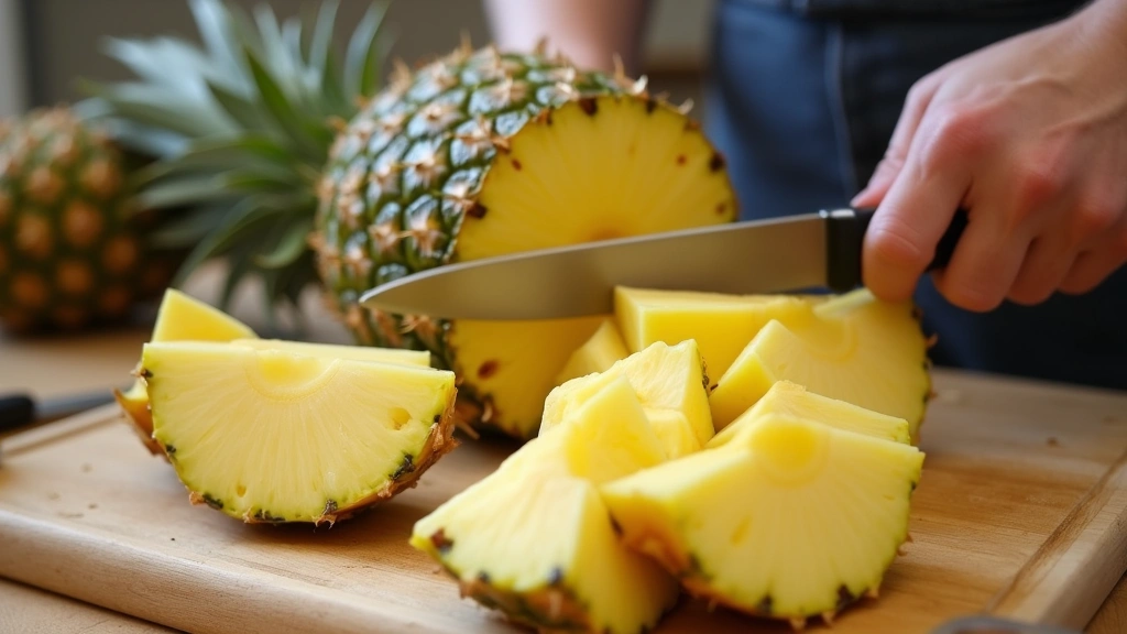 Close-up of pineapple being cut with sharp knife on wooden cutting board, fresh fruit preparation, natural kitchen lighting, 