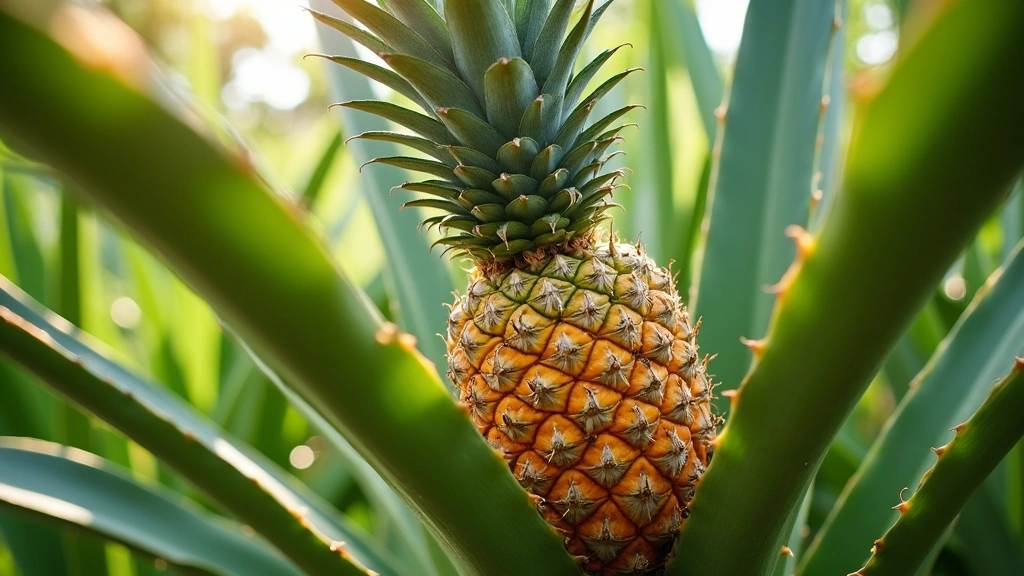 Tropical pineapple fruit growing on plant in lush garden setting, healthy farm-to-table agriculture, natural outdoor daylight