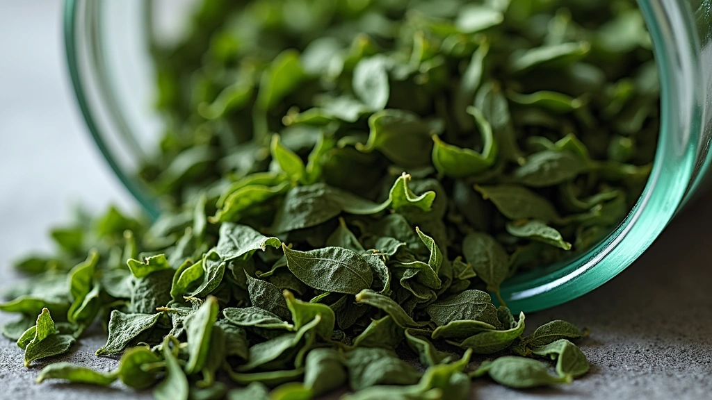Close-up of premium loose-leaf sencha green tea leaves with rich green color and natural texture in glass container, natural