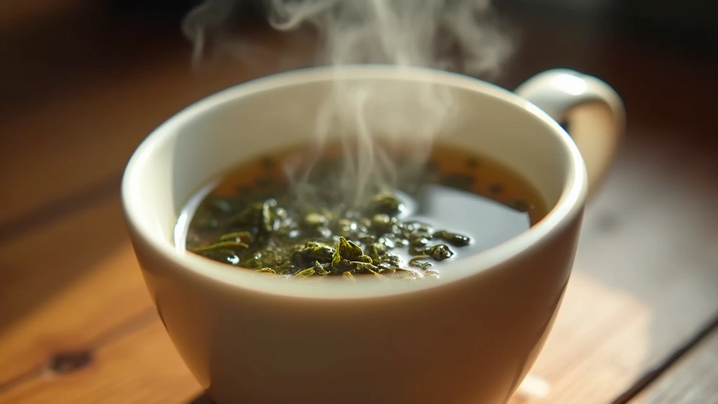 Steaming cup of freshly brewed green tea with visible tea leaves, white ceramic cup on wooden surface, warm ambient lighting