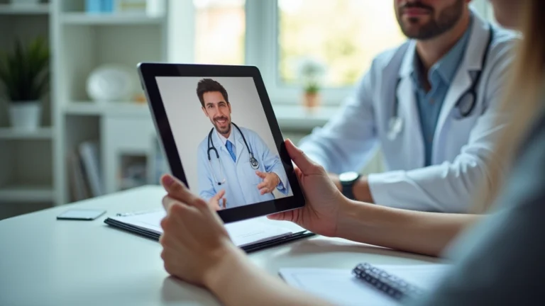 Professional telehealth consultation on tablet showing weight loss program interface with doctor on video call, clean medical office background, patient taking notes