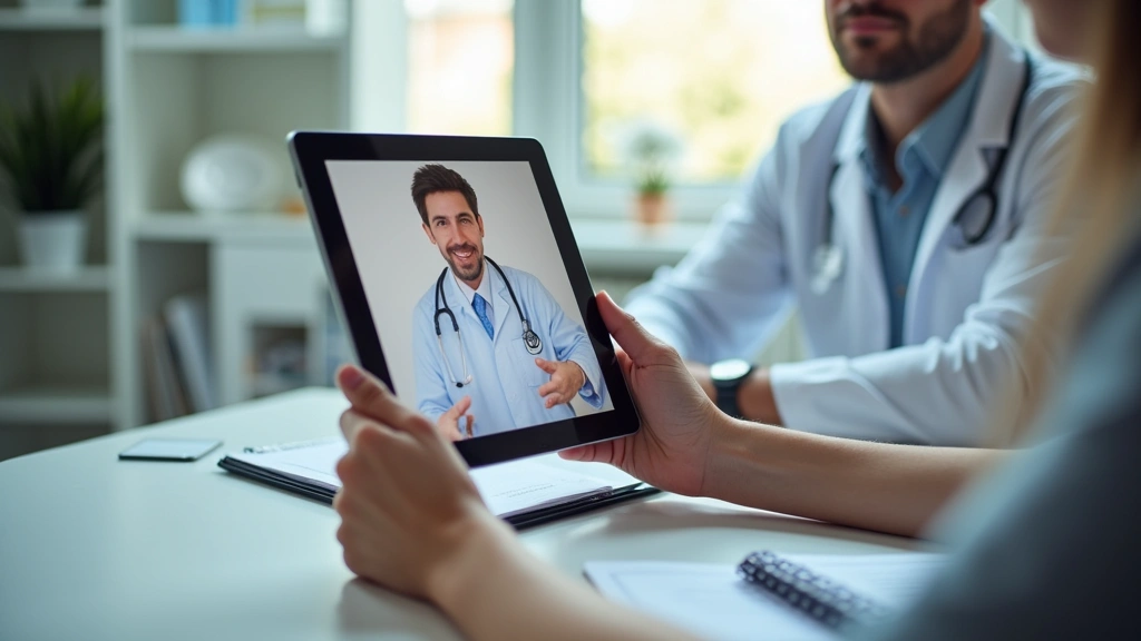 Professional telehealth consultation on tablet showing weight loss program interface with doctor on video call, clean medical office background, patient taking notes