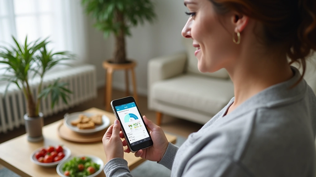 Diverse patient using smartphone app for weight tracking and nutrition logging, sitting at home with healthy meal visible, mo