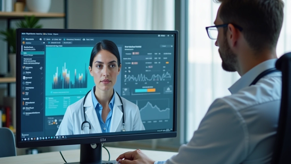 Licensed physician reviewing patient health metrics on computer screen during remote telehealth appointment, professional med