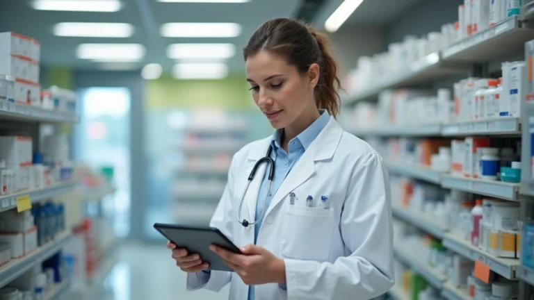 Professional pharmacist in modern pharmacy setting reviewing prescriptions on digital tablet, clean bright workspace with medication shelves in background