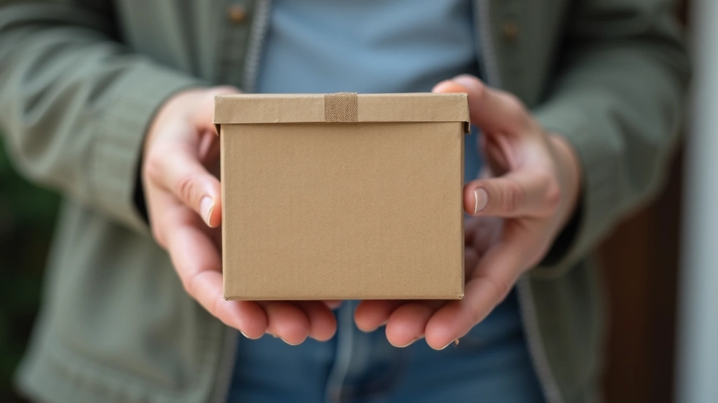 Close-up of hands holding cardboard medication package being delivered at home doorstep, professional medical packaging visib