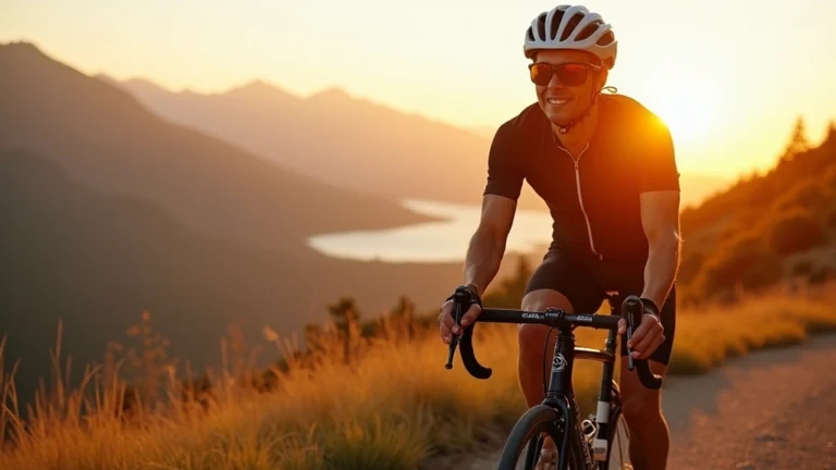 Professional cyclist riding on scenic mountain trail during golden hour, wearing helmet and athletic gear, focused expression, natural landscape background